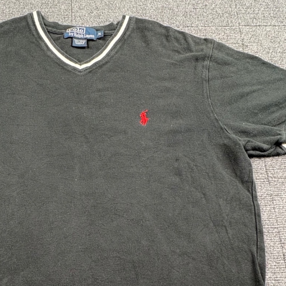 Polo Ralph Lauren Mens V-Neck T-Shirt Black Pique Cotton Red Pony Logo Size M